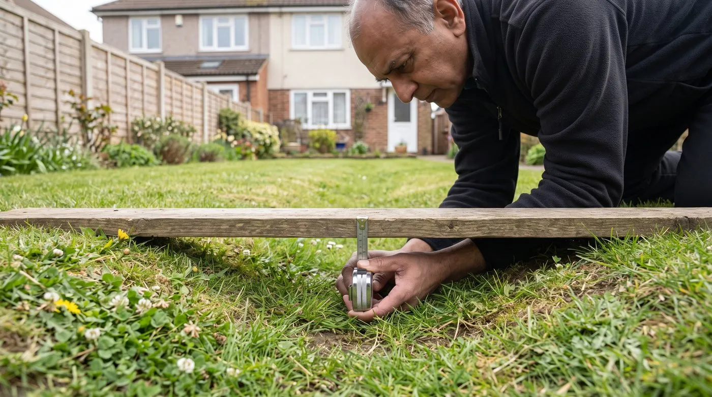 Man measuring the depth of a lawn hollow with a tape measure under a straight plank
