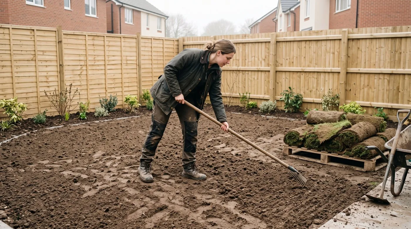 Woman raking bare soil level in a stripped garden with rolls of new turf waiting at the edge