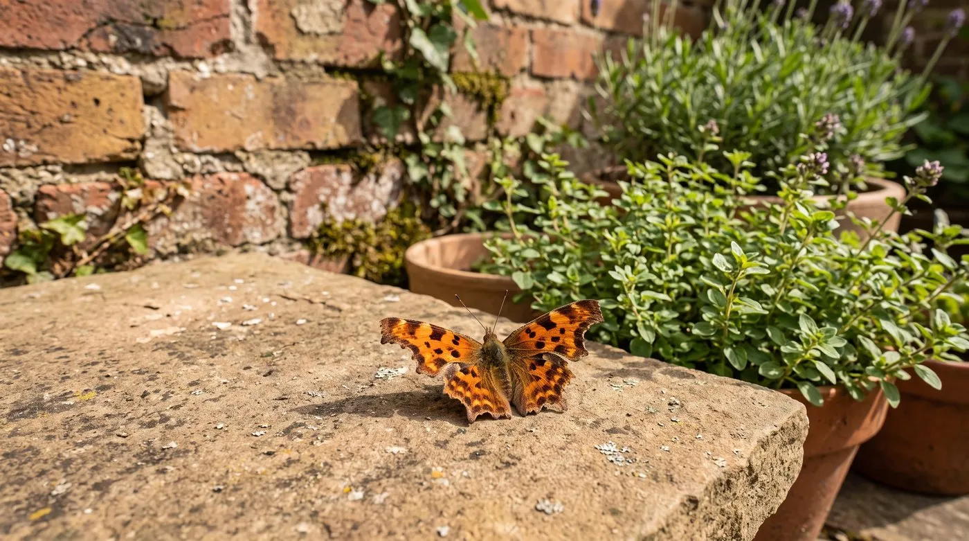 Comma butterfly basking with wings open on a sunny flat stone in a sheltered courtyard garden