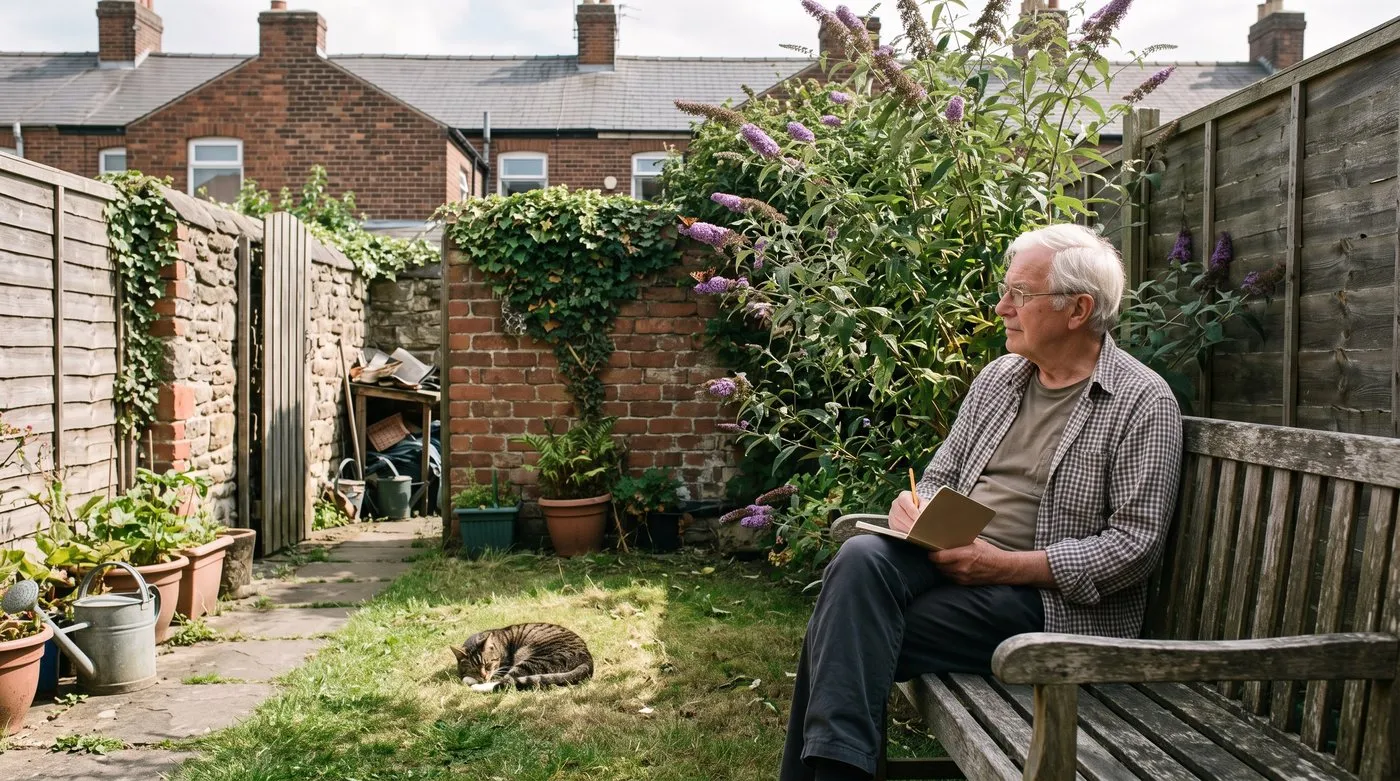 Older man counting butterflies on a buddleia from a garden bench while a tabby cat dozes on the lawn