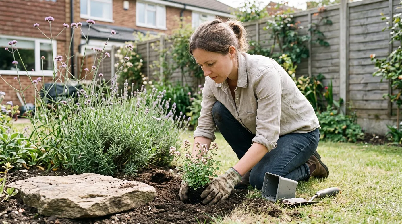 Gardener planting marjoram at the front of a sunny butterfly border with lavender and verbena behind