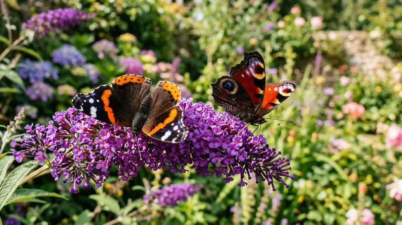 Painted lady butterfly feeding on purple buddleia flowers in a sunny English garden