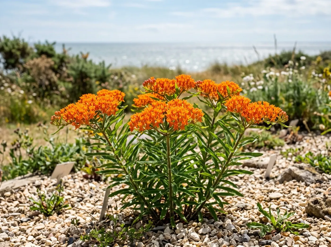 Vivid orange Asclepias tuberosa butterfly weed flowering on a raised grit bed in a sunny coastal UK garden