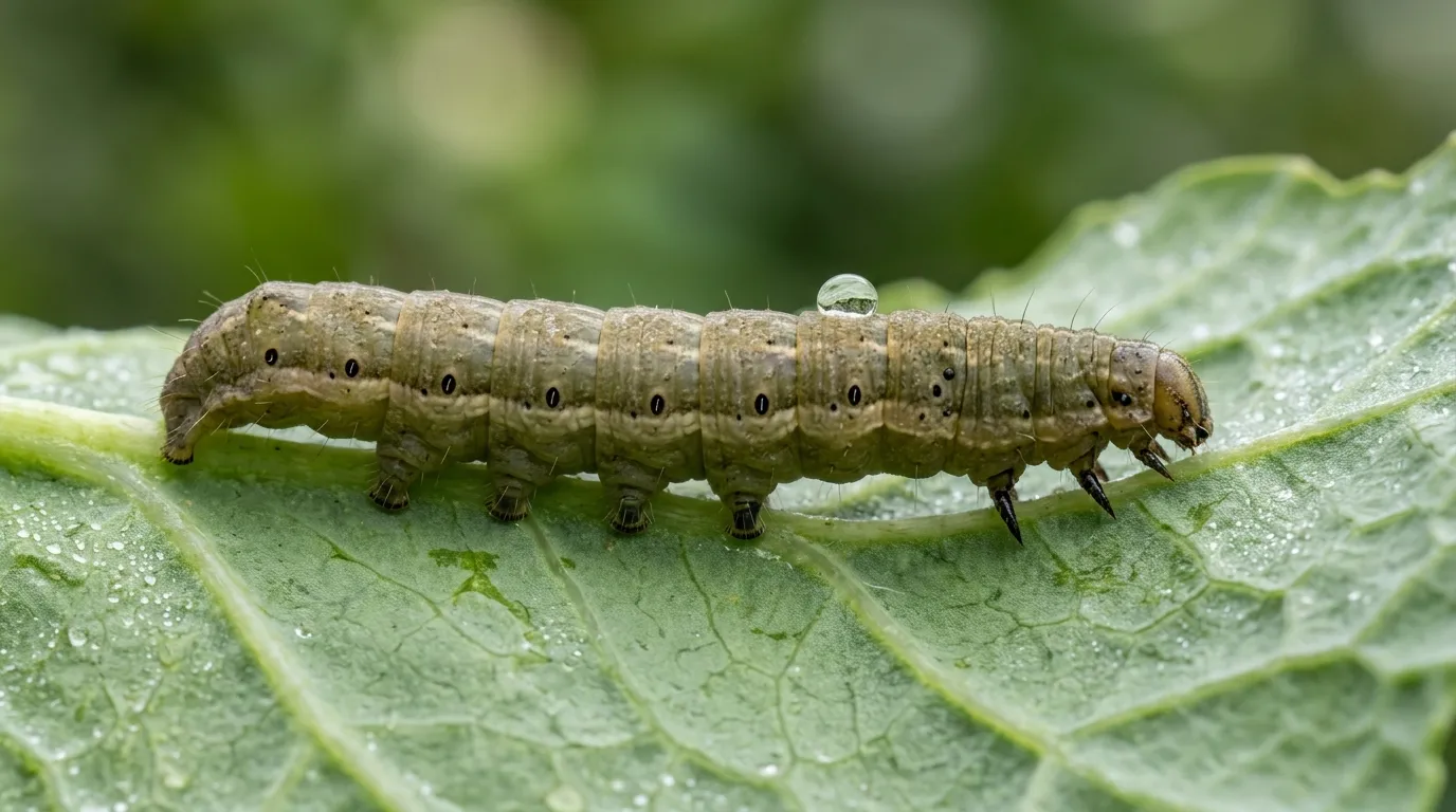 Mature cabbage moth caterpillar (Mamestra brassicae) showing diagnostic features, smooth greenish-brown body and pale lateral stripe on a UK cabbage leaf