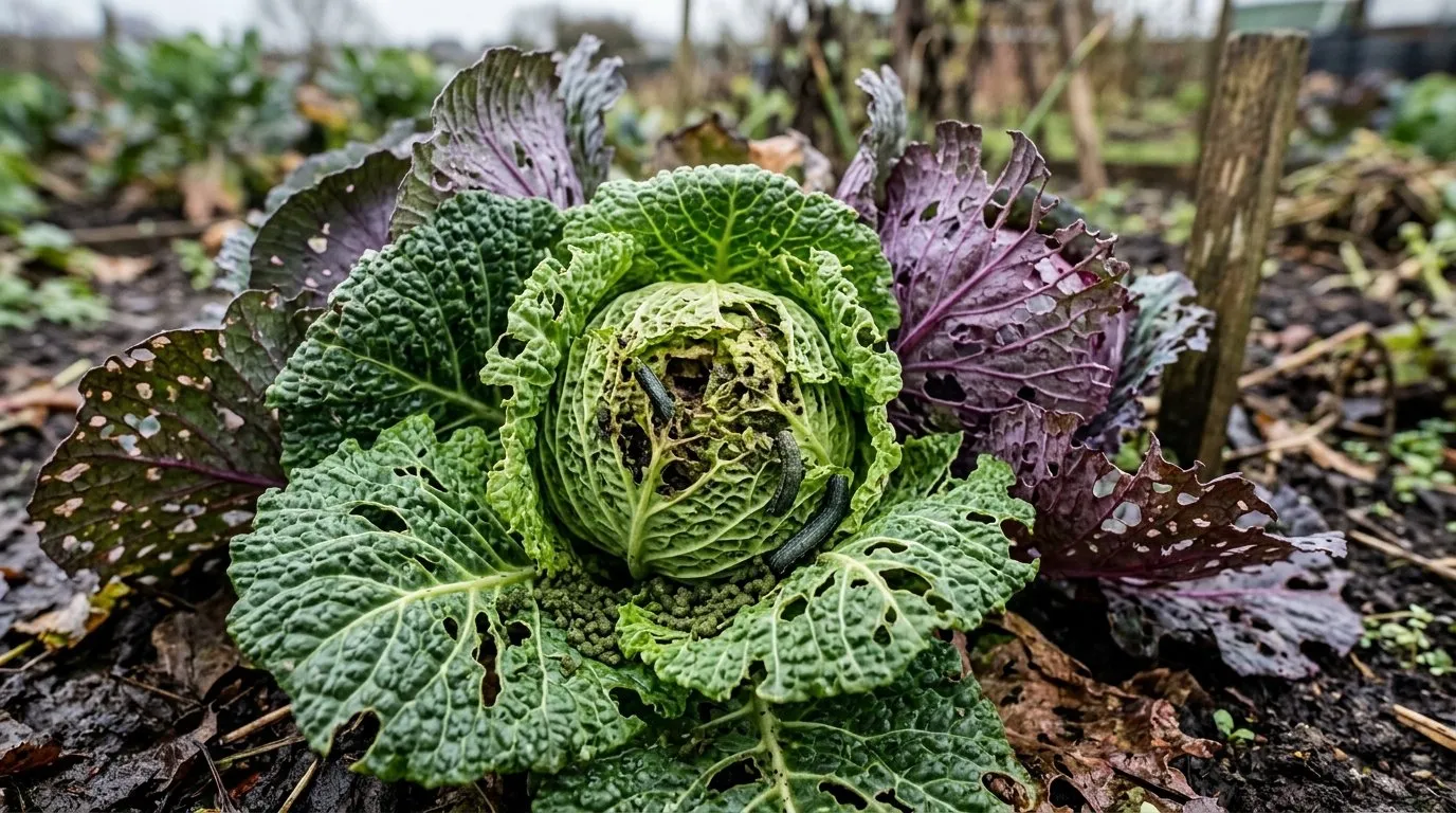 Savoy and red cabbage leaves showing typical cabbage moth damage, ragged holes and dark frass in the heart of the plant