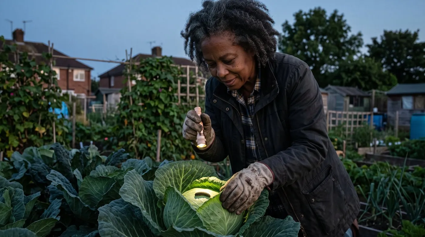 Gardener using a torch at dusk to find a cabbage moth caterpillar in a cabbage heart