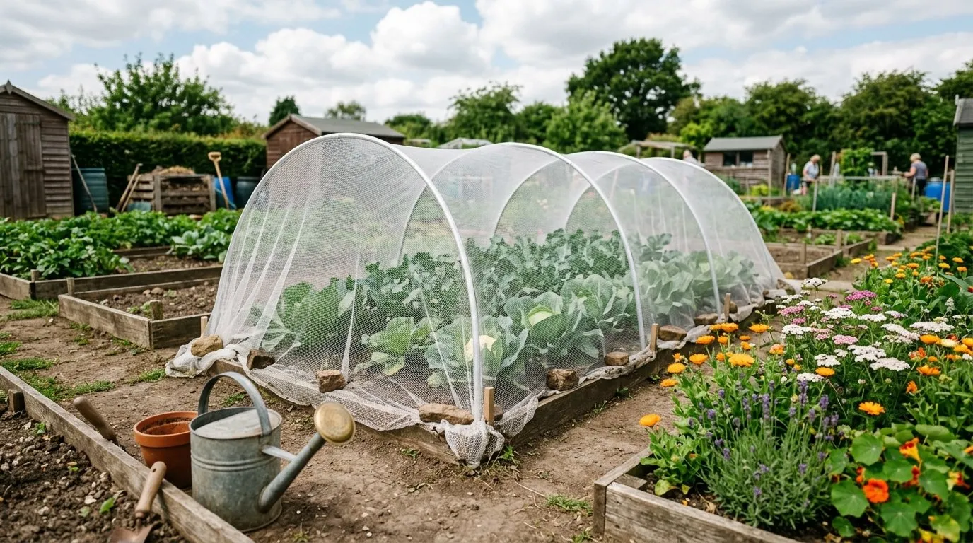 A UK allotment brassica cage with cabbages, broccoli, and cauliflower under fine 1.35mm white insect netting on aluminium hoops