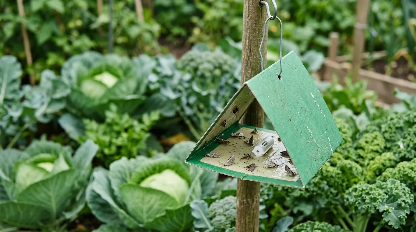 A green delta pheromone trap hanging in a UK vegetable garden brassica bed with captured cabbage moths on the sticky base