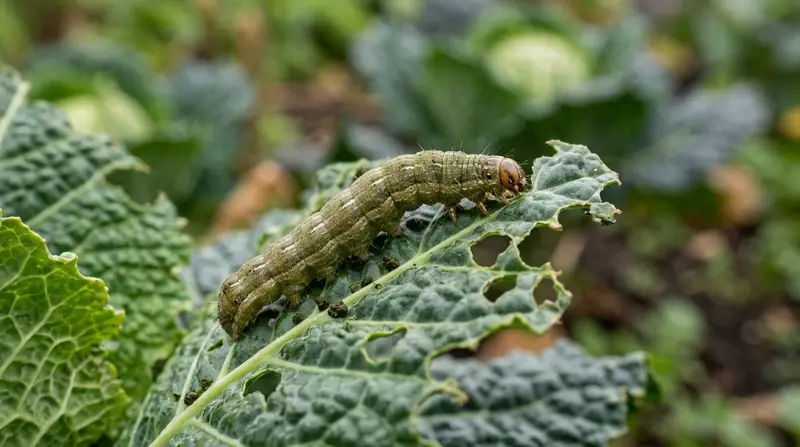 Cabbage moth caterpillar feeding on a savoy cabbage leaf in a UK kitchen garden, showing typical ragged holes and dark frass
