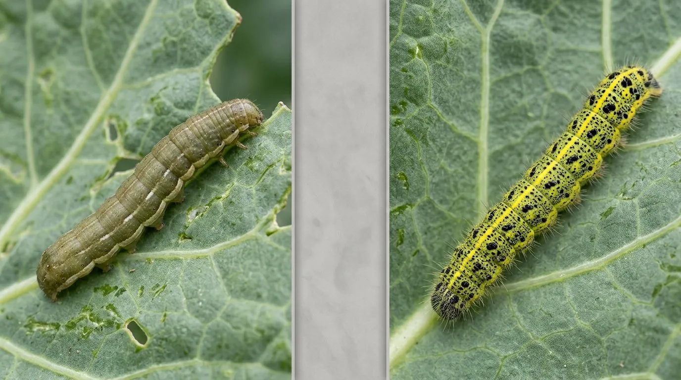Side-by-side comparison of a smooth greenish-brown cabbage moth caterpillar and a hairy yellow cabbage white butterfly caterpillar on cabbage leaves