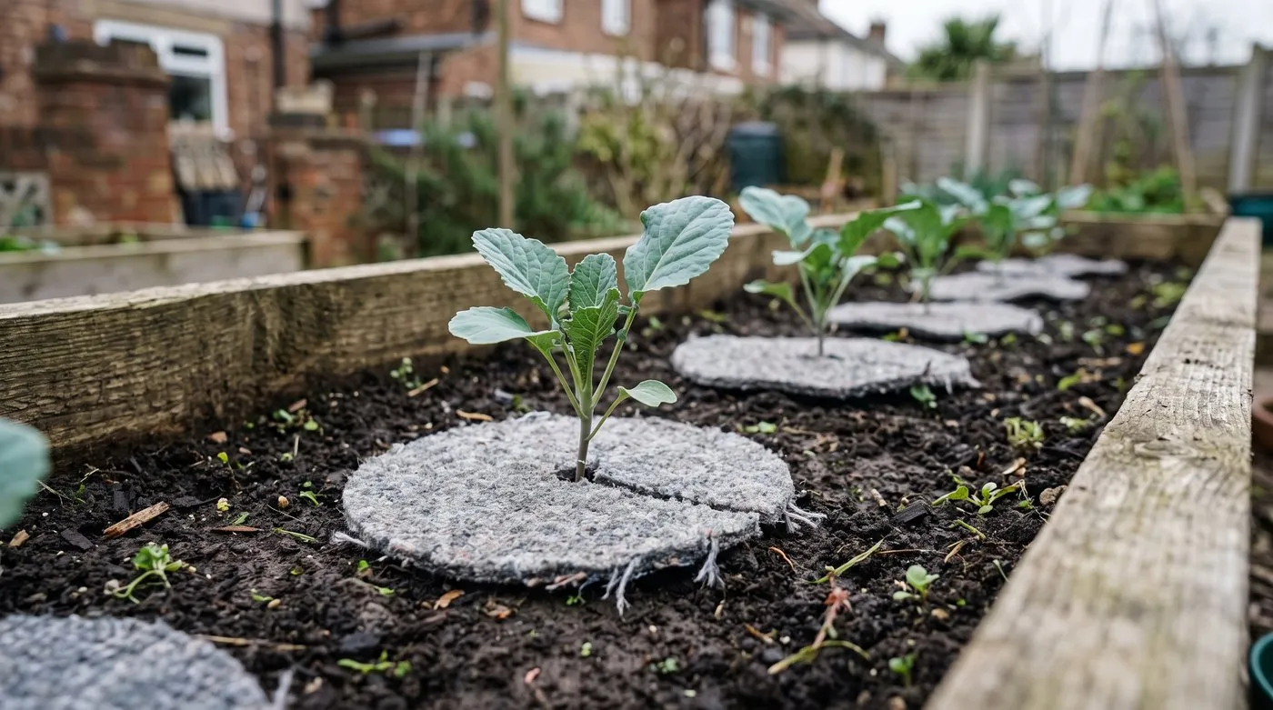 Young brassicas with home-made carpet underlay collars pressed flat around their stems against cabbage root fly