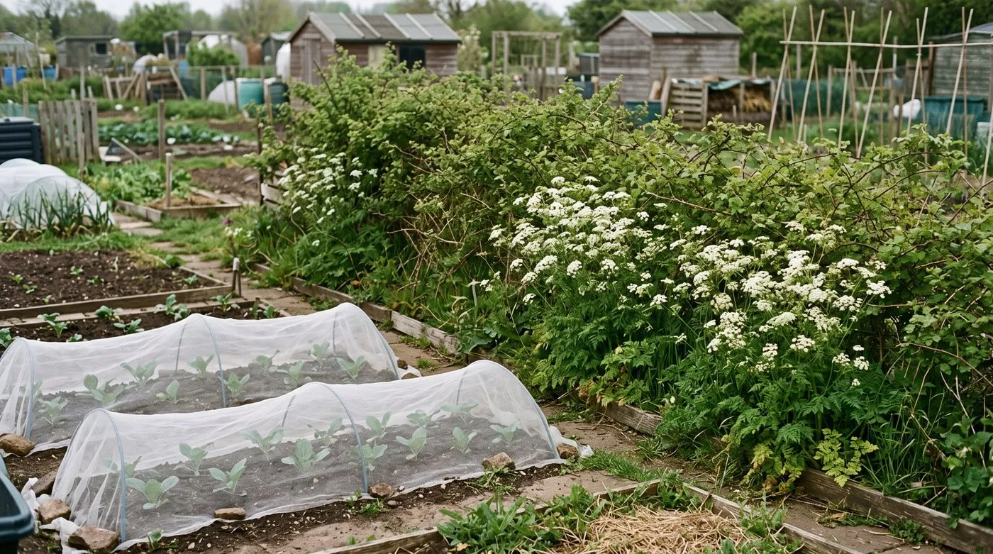 Cow parsley flowering along an allotment hedgerow beside brassicas covered against cabbage root fly