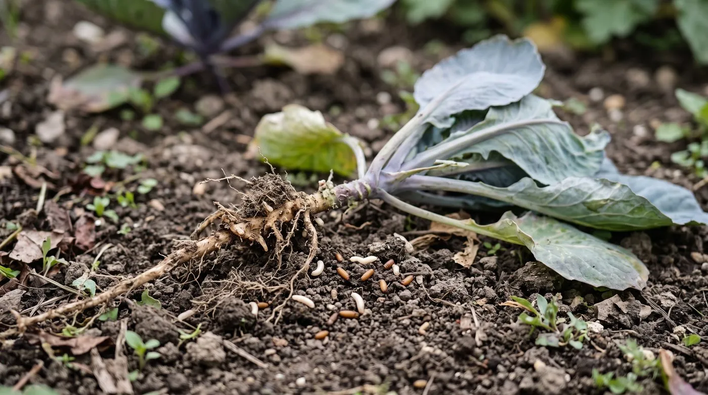 Pulled-up cabbage plant with chewed brown roots, white cabbage root fly maggots and brown pupae in the soil