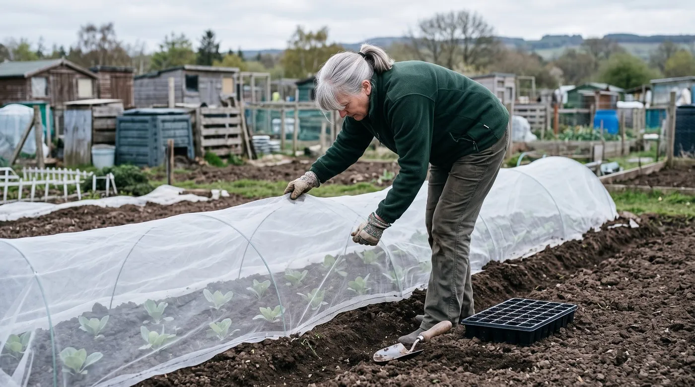 Woman covering newly planted cabbages with fine insect mesh on hoops to keep out cabbage root fly