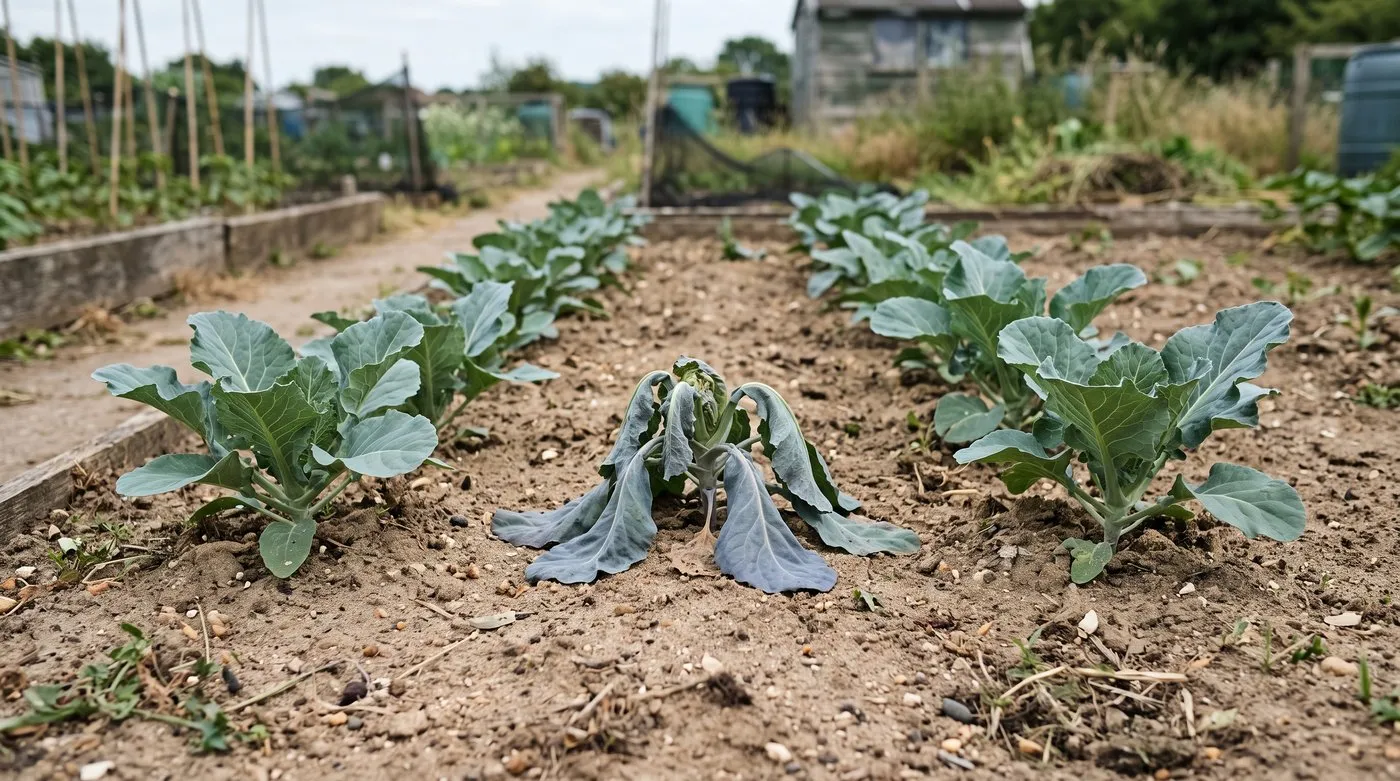 Wilting cauliflower with blue-purple tinged leaves among healthy plants, a sign of cabbage root fly