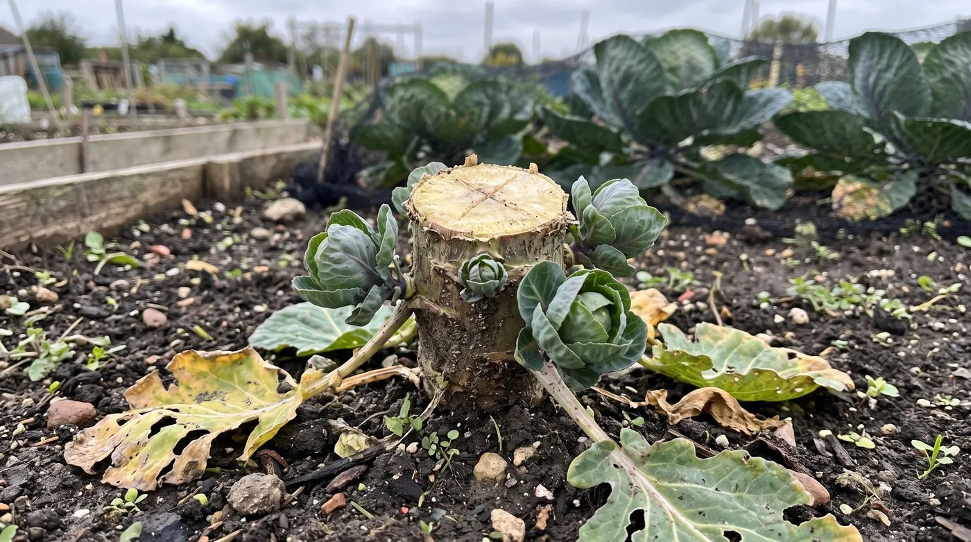 Harvested cabbage stump with a cross cut in the top and small new cabbage heads sprouting around it