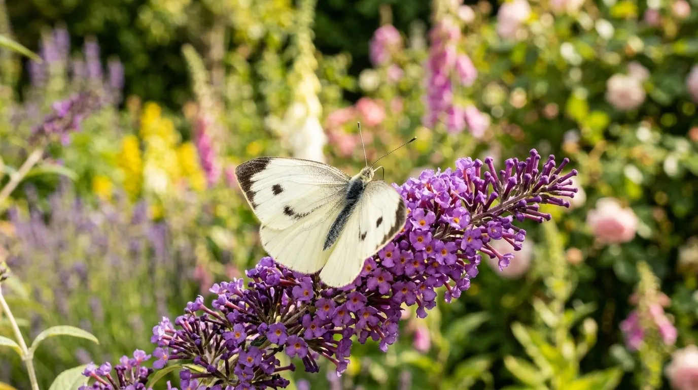 Cabbage white butterfly with black-tipped wings resting on purple buddleia in a UK garden