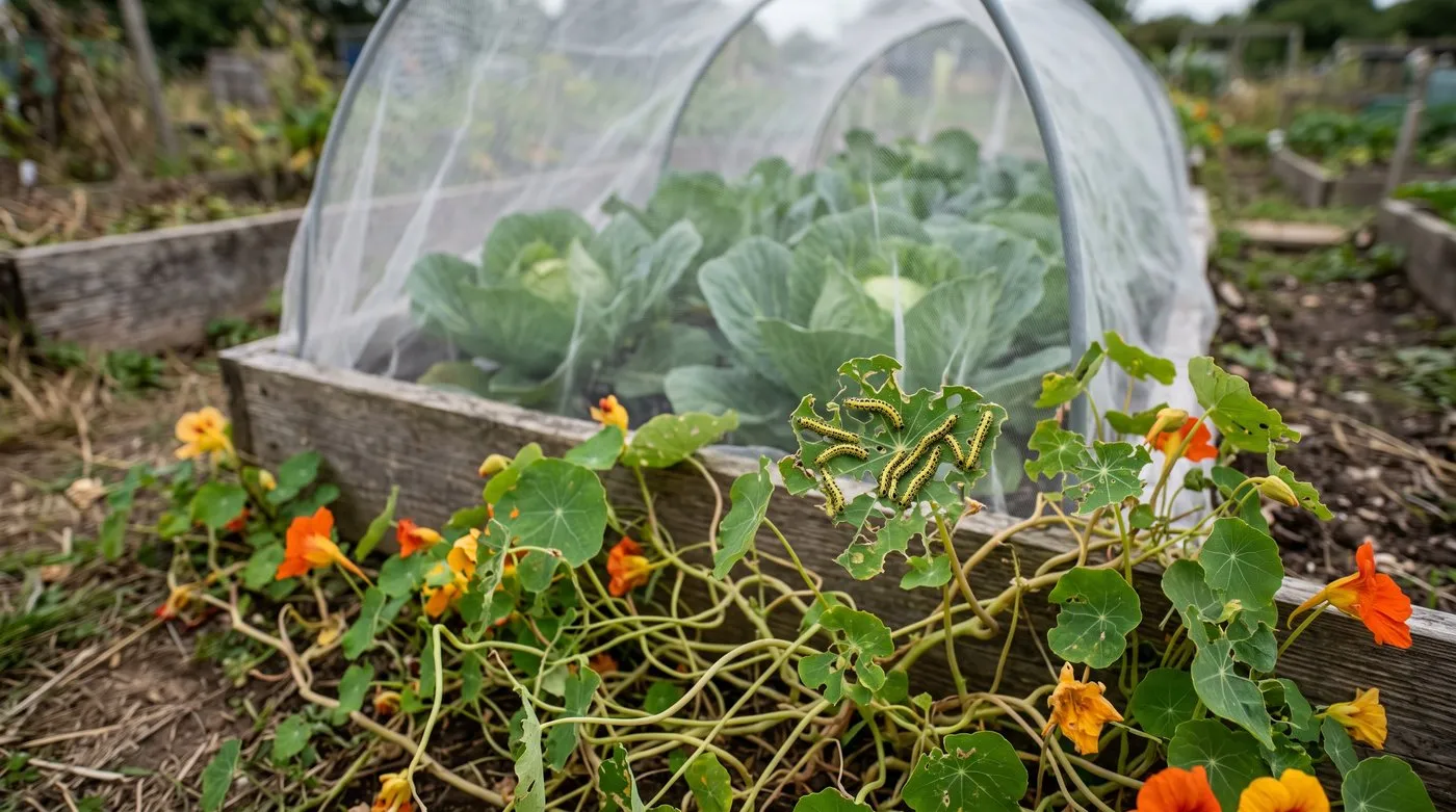 Nasturtium trap crop eaten by cabbage white caterpillars beside netted brassicas on a UK allotment