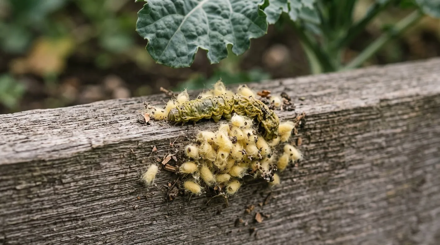 Dead cabbage white caterpillar surrounded by small yellow parasitic wasp cocoons on a raised bed