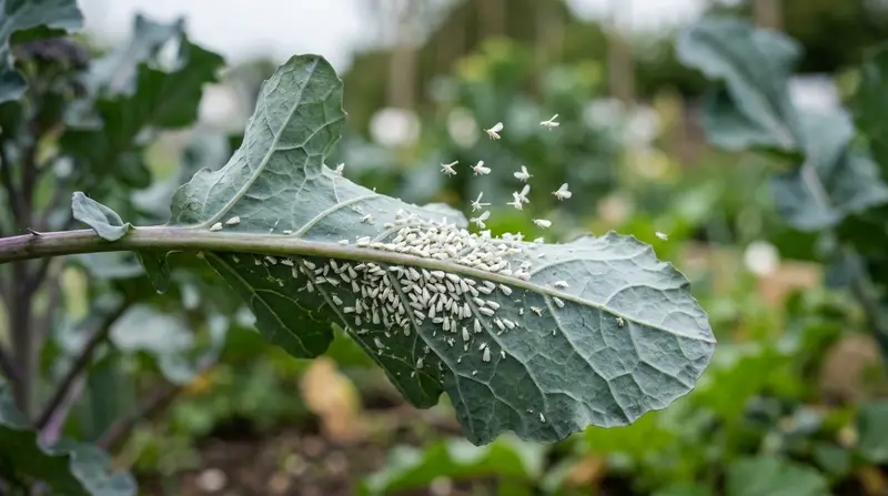 A close-up of cabbage whitefly clustered on the underside of a purple sprouting broccoli leaf in a UK kitchen garden