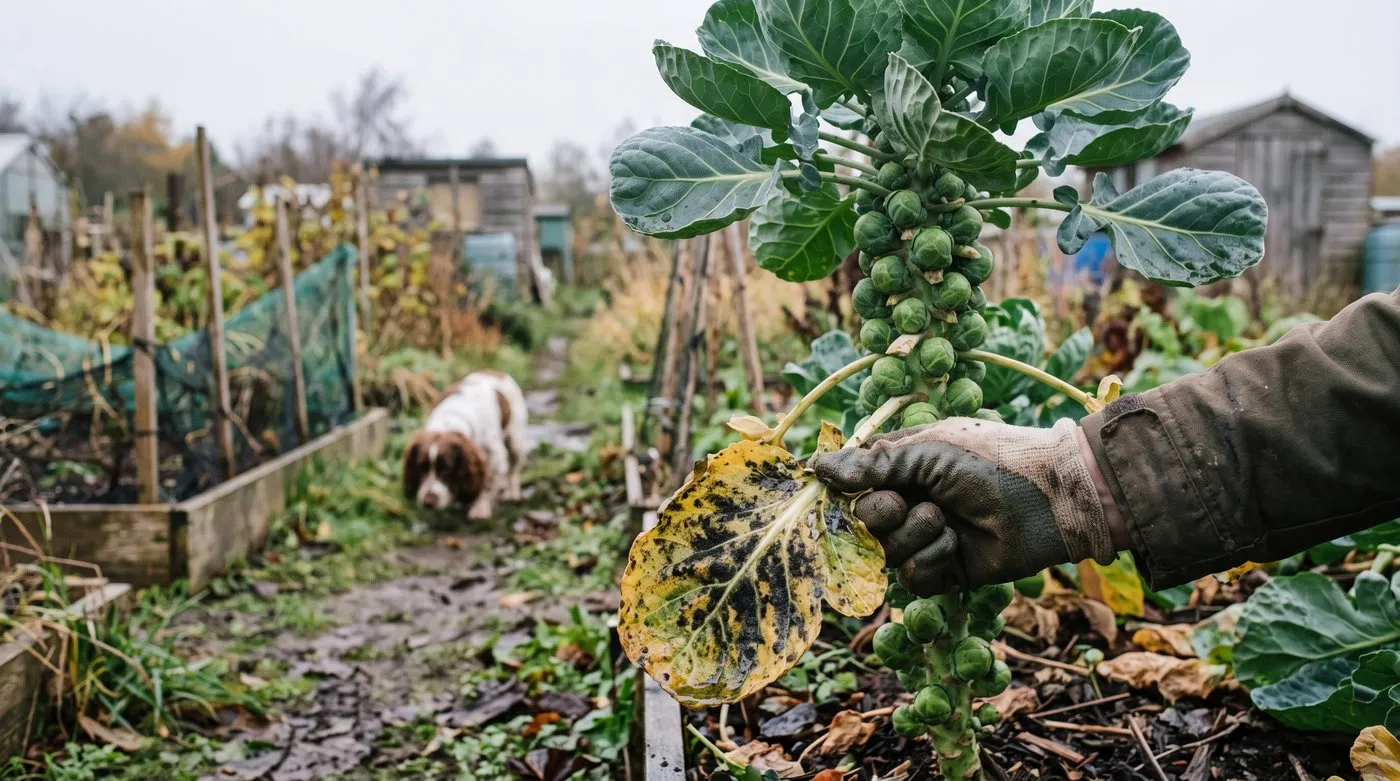 Gloved hand stripping a sooty-mould-blackened lower leaf from a Brussels sprout plant with clean sprouts above