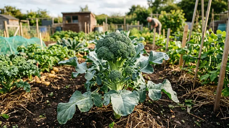 Fresh calabrese head with tight green florets standing in a UK allotment row in mid-summer ready for harvest with side
