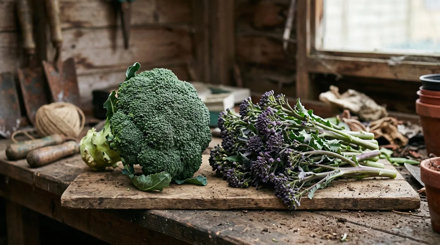 A large green calabrese head beside a bunch of slim purple sprouting broccoli spears