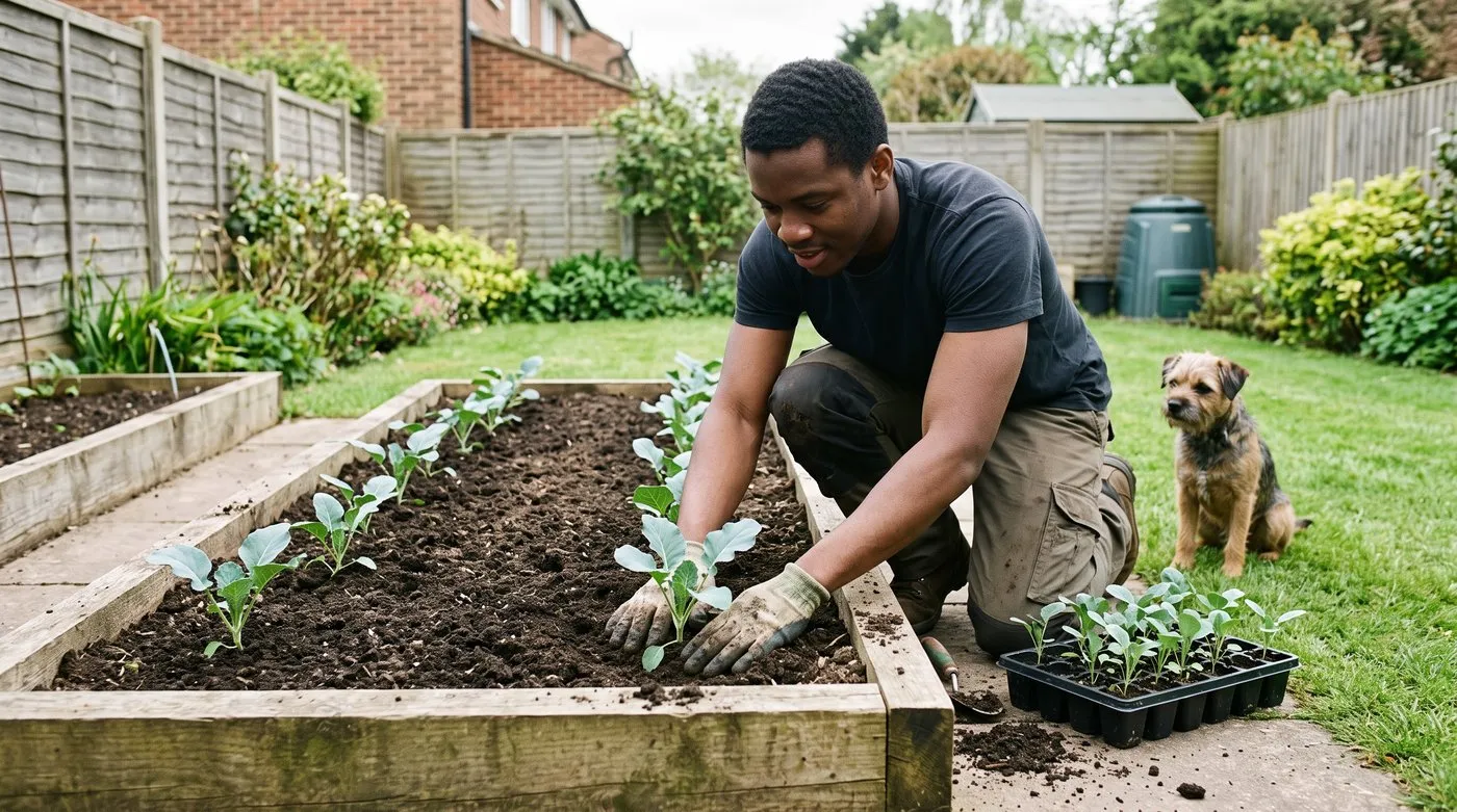 A gardener firming soil around a young calabrese plant in a raised bed while a terrier watches