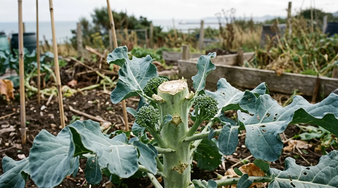 A calabrese plant with small green side shoots growing below the cut stump of the main head