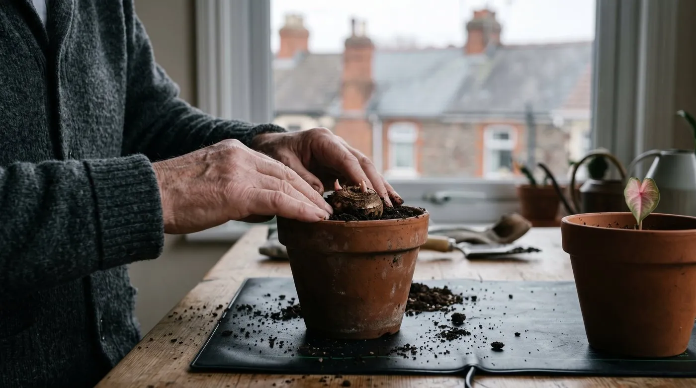 Hands potting a knobbly caladium tuber into a clay pot on a plain heat mat by a window