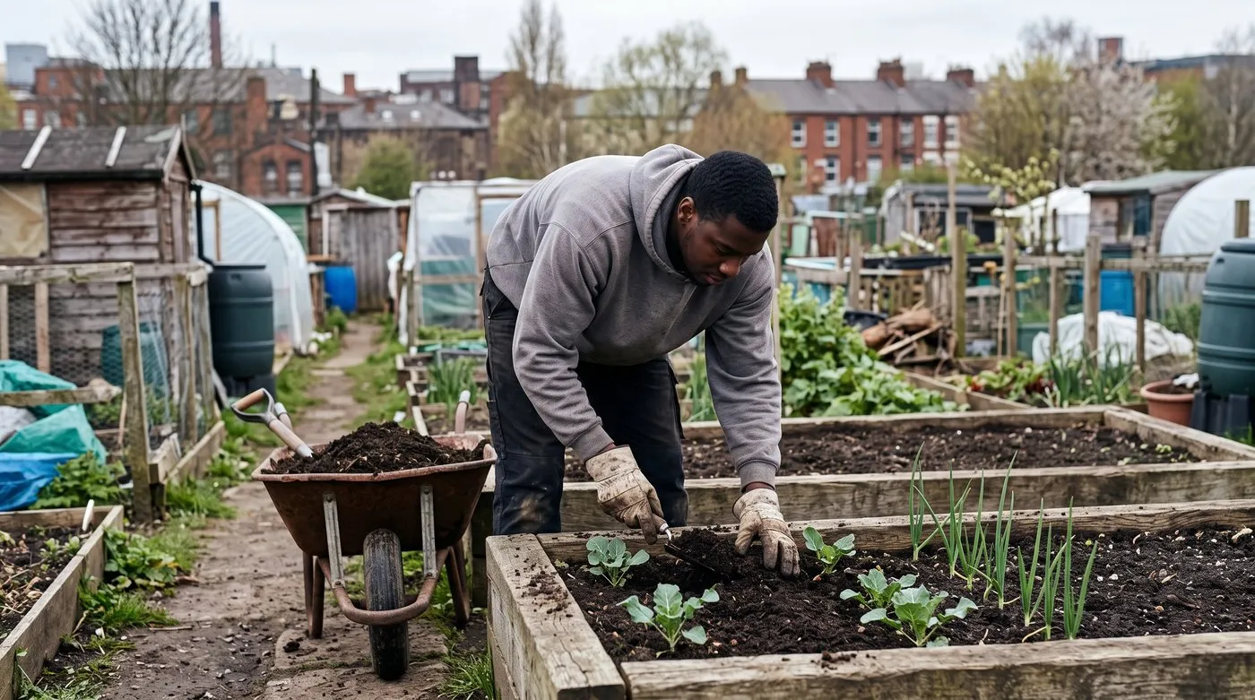 Gardener spreading dark compost around young brassicas and onions in a raised vegetable bed