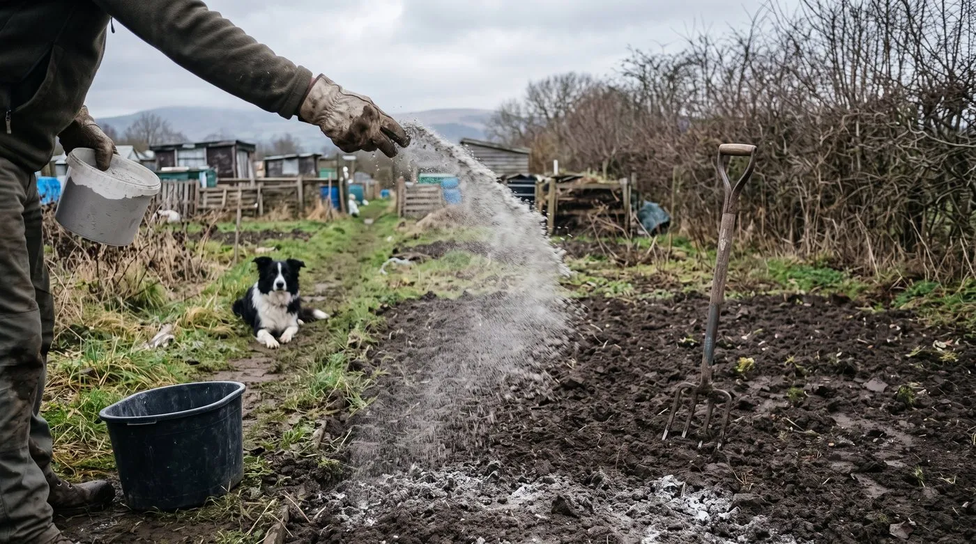 Gloved hand scattering pale lime over a bare vegetable bed in autumn while a collie watches from the path