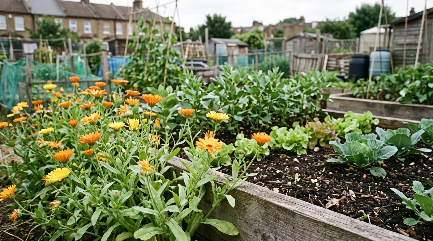 Orange calendula flowering along the edge of a vegetable bed between beans, lettuces and cabbages