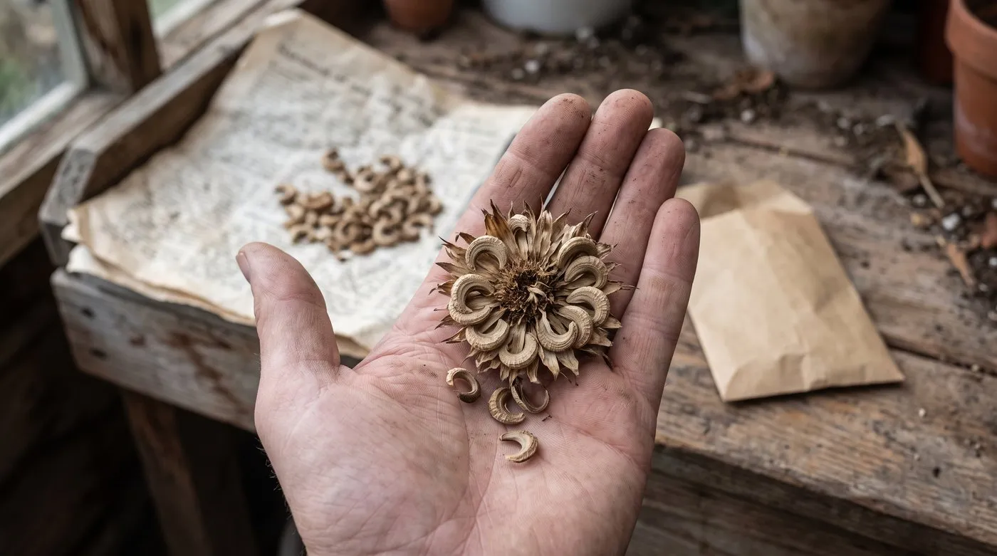 Dry calendula seed head with curled C-shaped seeds rubbed off onto newspaper