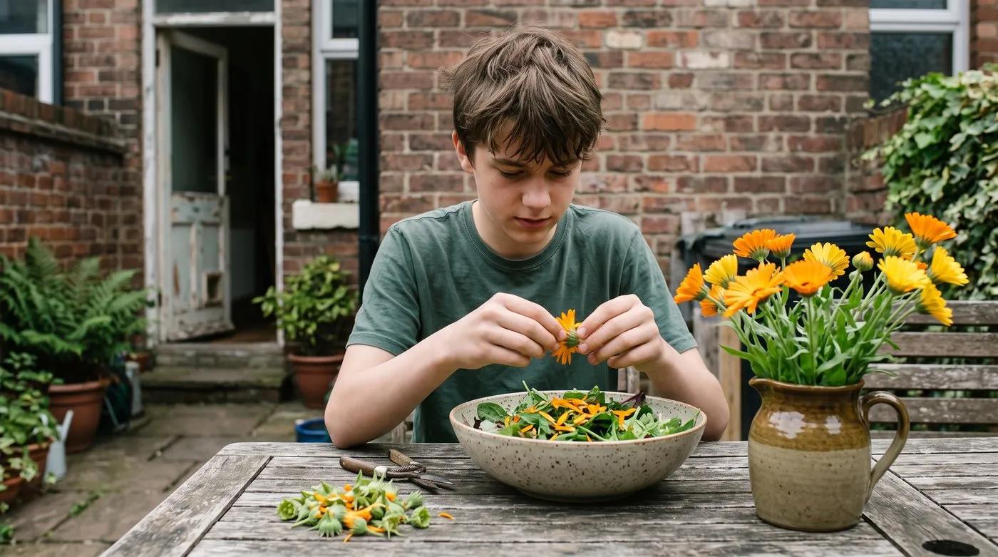 Teenage boy scattering orange calendula petals over a bowl of salad leaves at a garden table