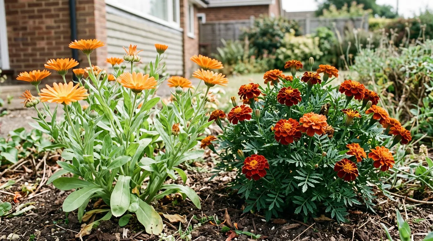 Calendula with open orange daisy flowers beside a French marigold with ruffled flowers and feathery leaves