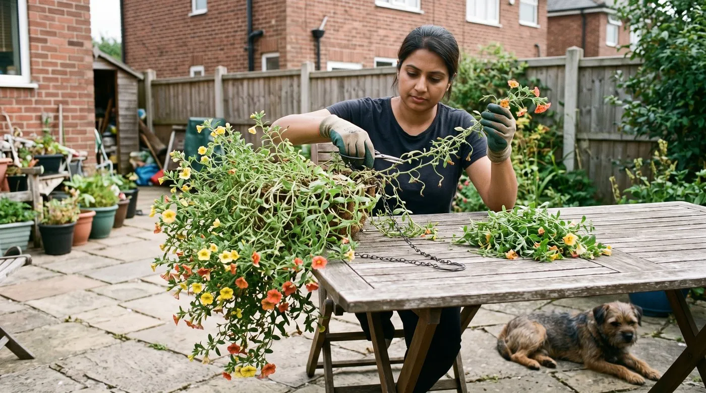 Gardener trimming leggy calibrachoa stems in a hanging basket on a patio table with a terrier lying nearby