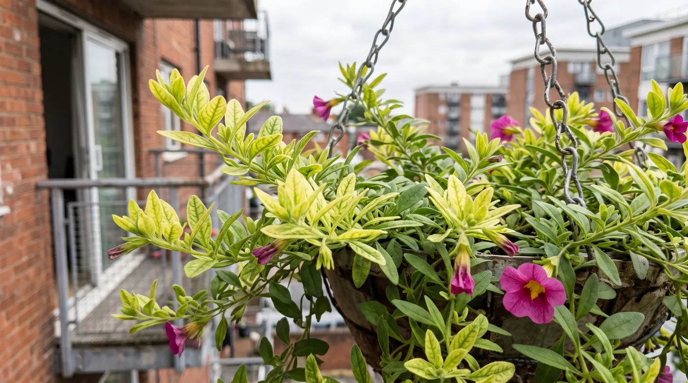 Calibrachoa shoot tips with pale yellow young leaves and green veins, a sign of iron shortage