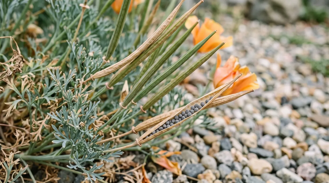 Long thin California poppy seed pods ripening above feathery blue-grey leaves in late summer