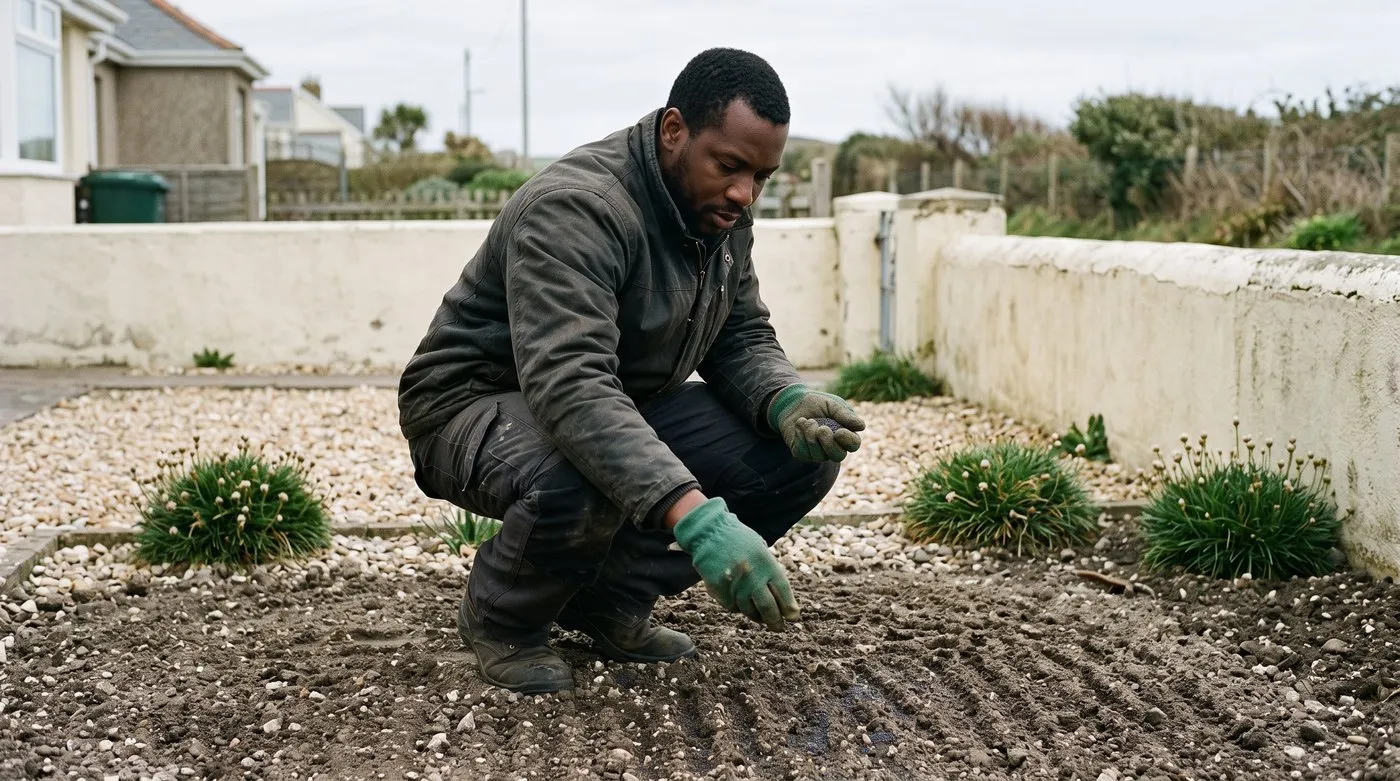 Gardener scattering California poppy seed thinly over a raked, stony bed in spring