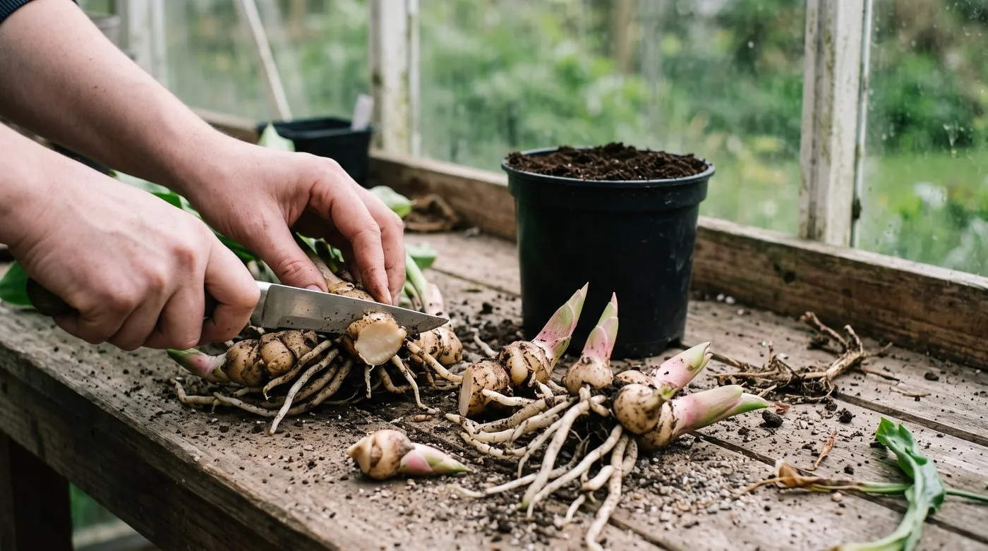 Calla lily rhizome cut into pieces on a potting bench, each with a growing point