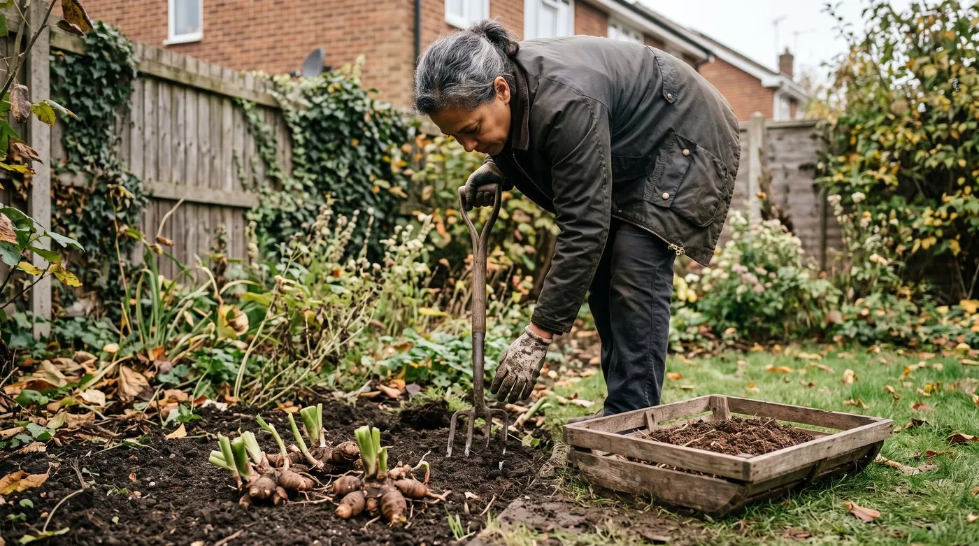 Woman lifting calla lily rhizomes from a border with a fork in autumn, with a storage tray nearby
