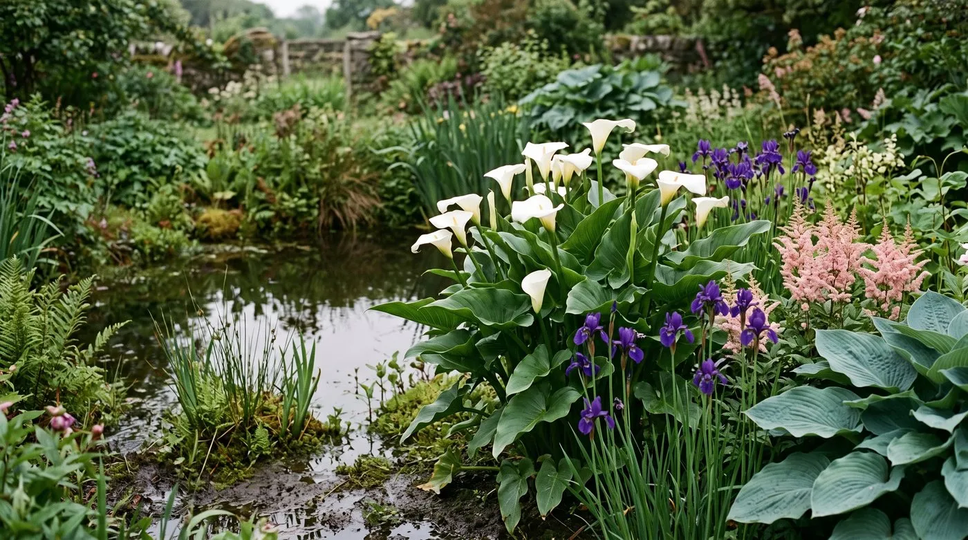 White calla lilies in a damp bog garden with purple Siberian iris, pink astilbe and hostas