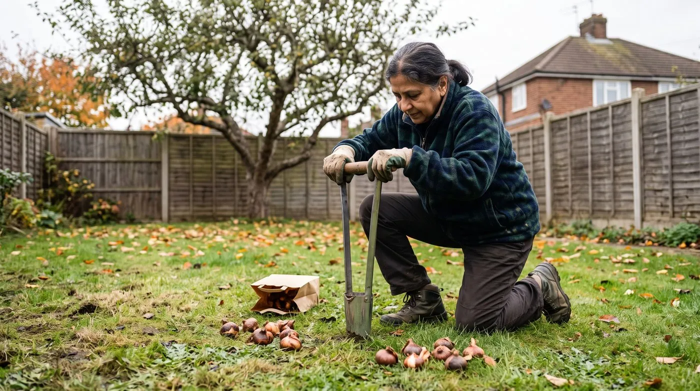 Gardener planting camassia bulbs in rough grass with a bulb planter in autumn