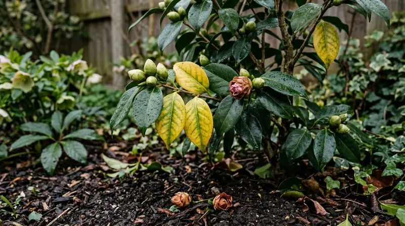 A diagnostic close-up of a UK garden camellia showing yellowing leaves with green veins