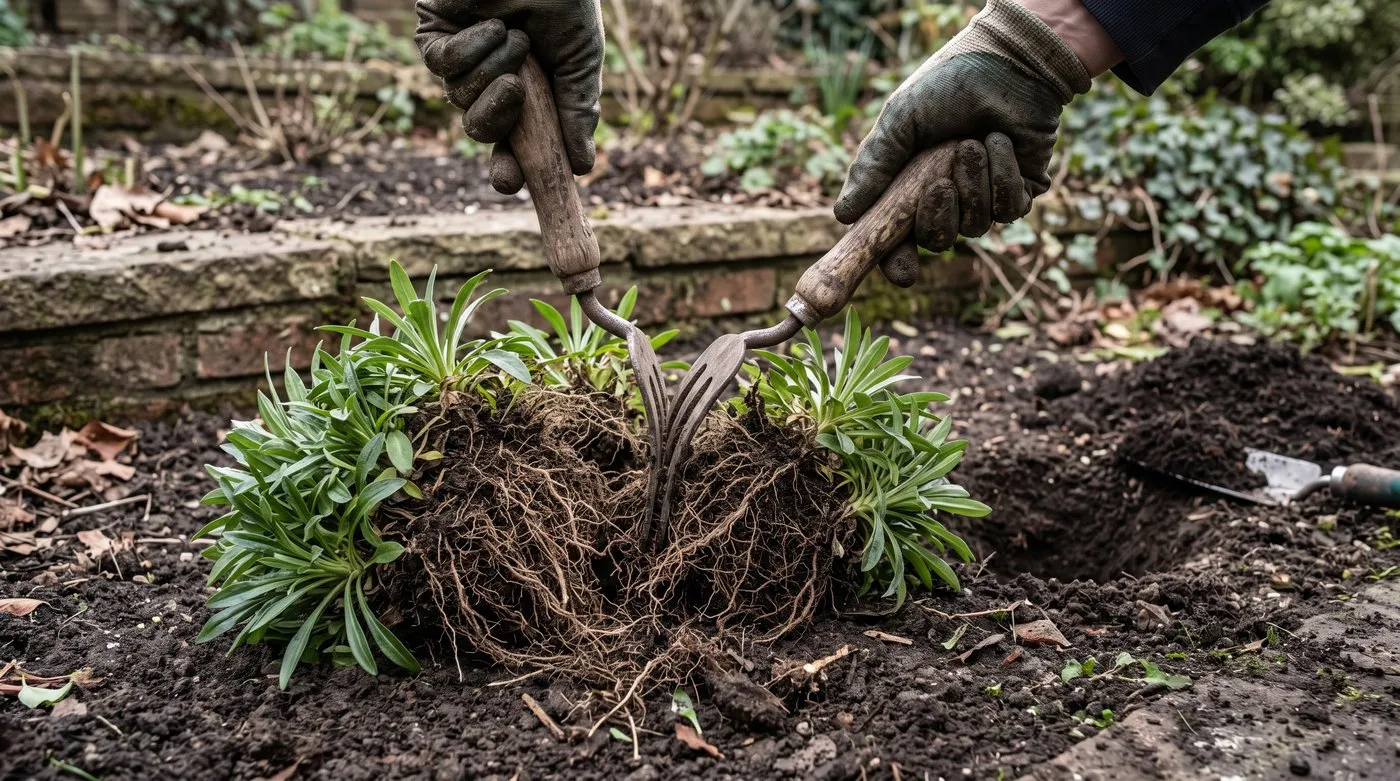 Campanula clump lifted and split into rooted pieces with two hand forks in early spring