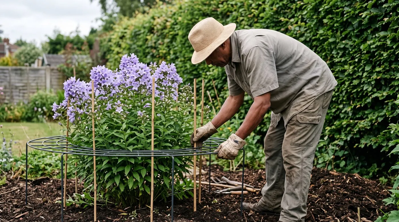 Man fitting a metal plant support around tall lilac milky bellflowers at the back of a border