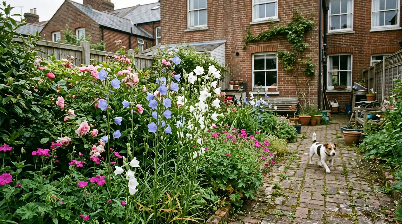 Blue and white Campanula persicifolia bells in a cottage border with roses, and a terrier on the path