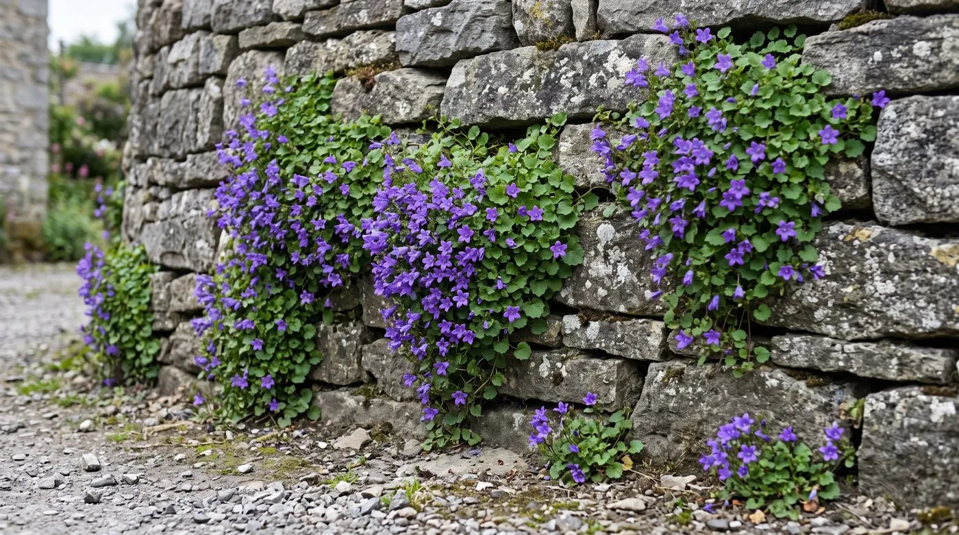 Wall bellflower spilling violet-blue bells from crevices in a grey dry stone wall