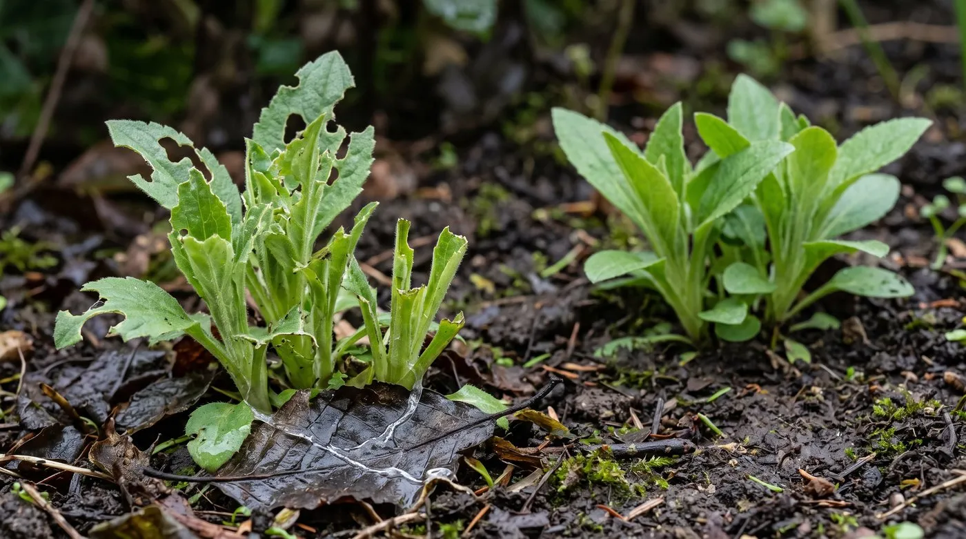Campanula spring shoots with ragged slug holes and slime trails beside an undamaged clump